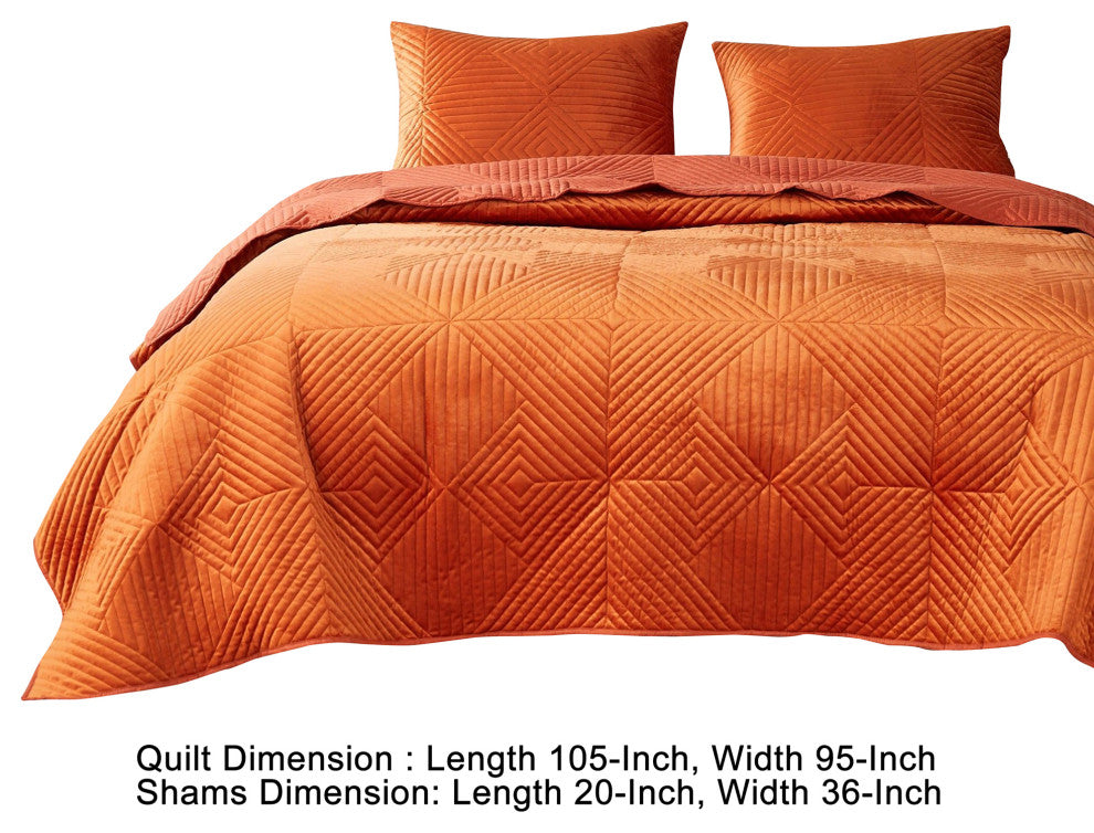 Benzara BM280413 3 Piece Velvet King Quilt Set, Diamond Quilting Design, Orange