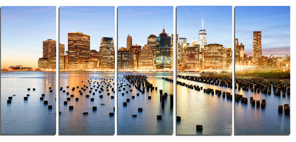 "Illuminated New York Skyscrapers" Canvas Print60"x28", 5-Panels