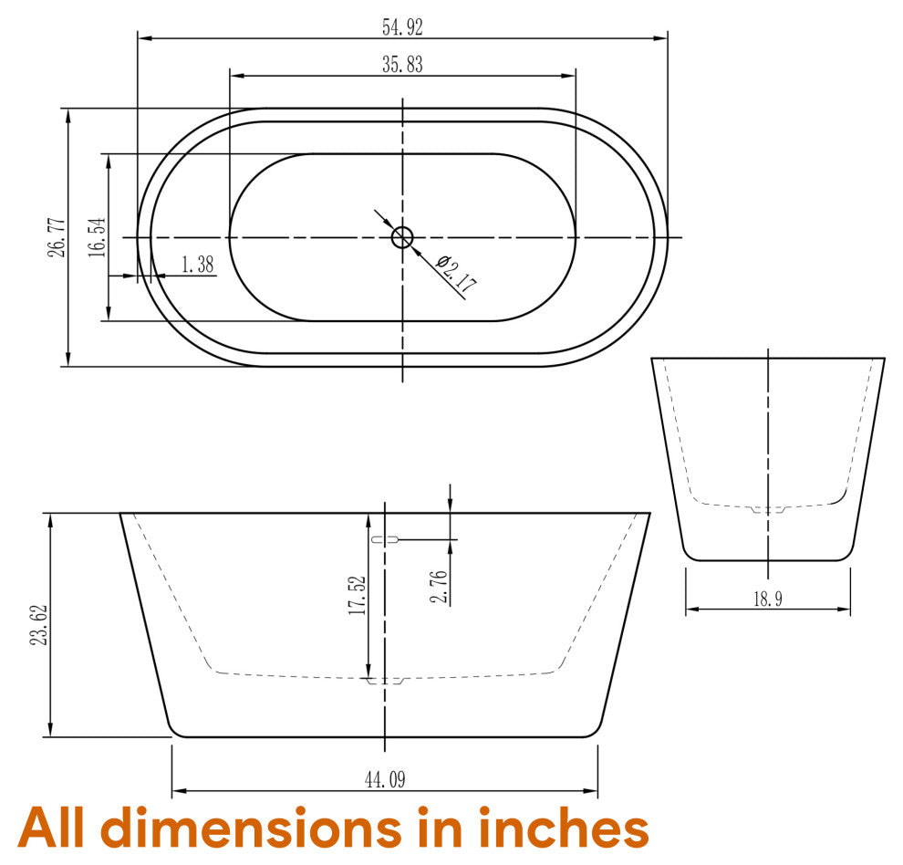 HEATGENE Acrylic Freestanding Bathtub Contemporary, 55 Inches
