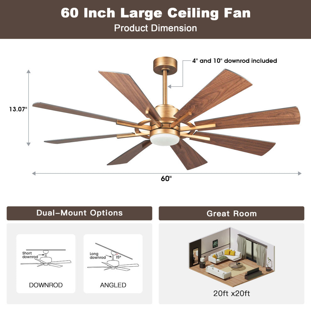 60" Indoor/Outdoor Windmill 8-Blade Gold Ceiling Fan with Remote and DC Motor