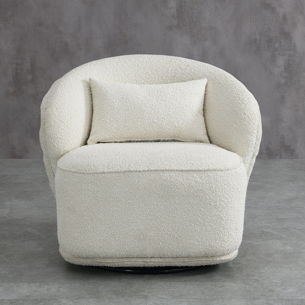 Upholstered Tufted Boucle Swivel Barrel Chair, Ivory, 30'''' H X 33'''' W X 30'''' D