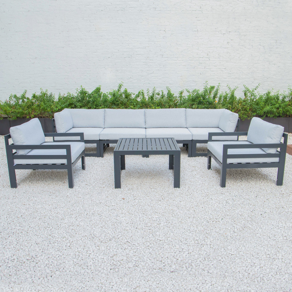 LeisureMod Chelsea 7-Piece Patio Sectional With Coffee Table, Light Gray