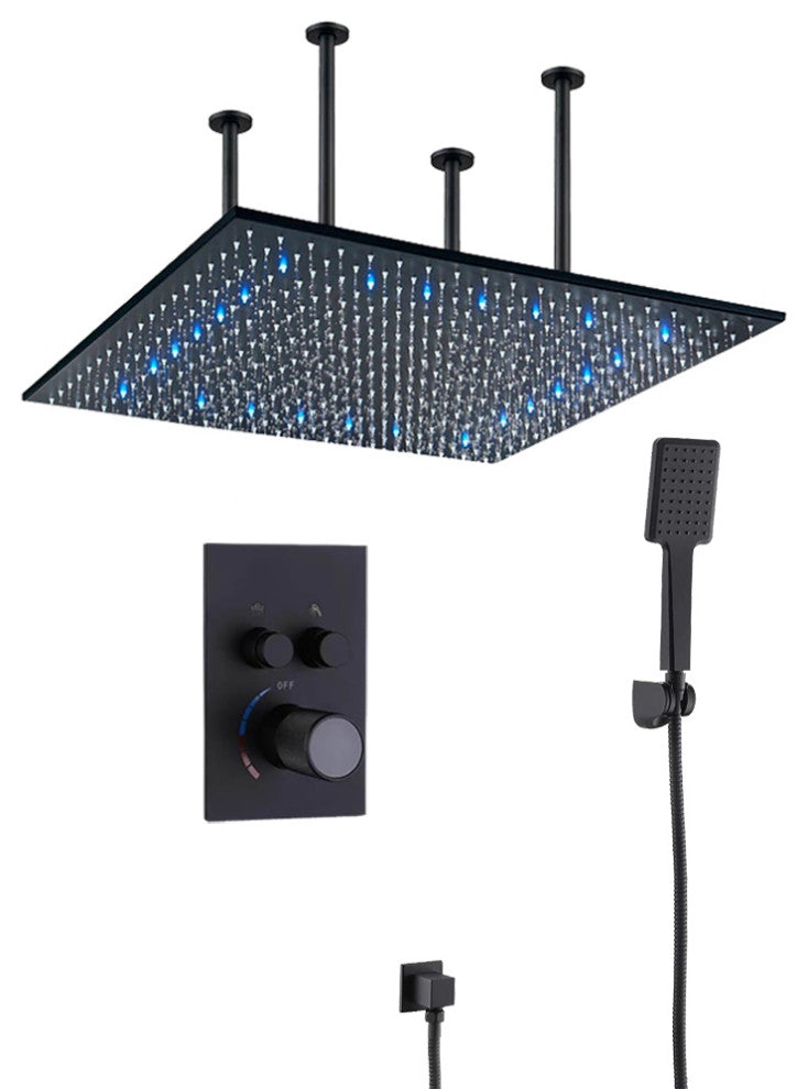 Matte Black Ceiling Mount Shower System With Thermostatic Mixer, Handheld Shower