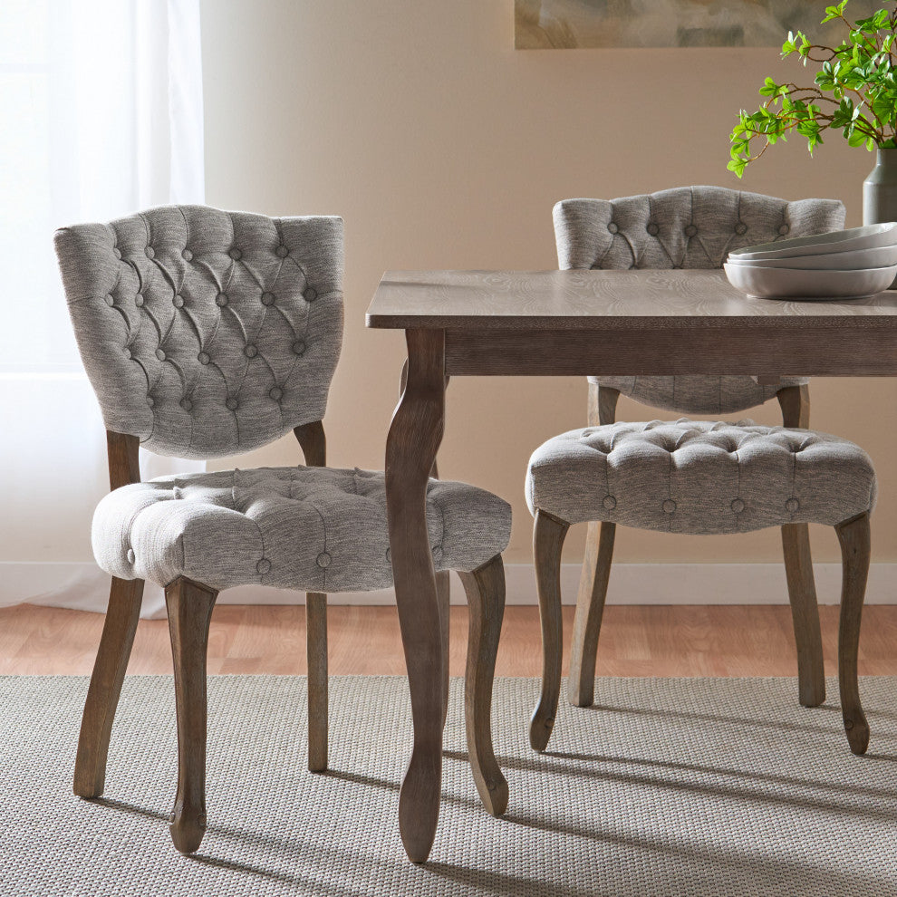 Case Tufted Dining Chair With Cabriole Legs, Set of 2, Light Gray, Brown Wash Finish