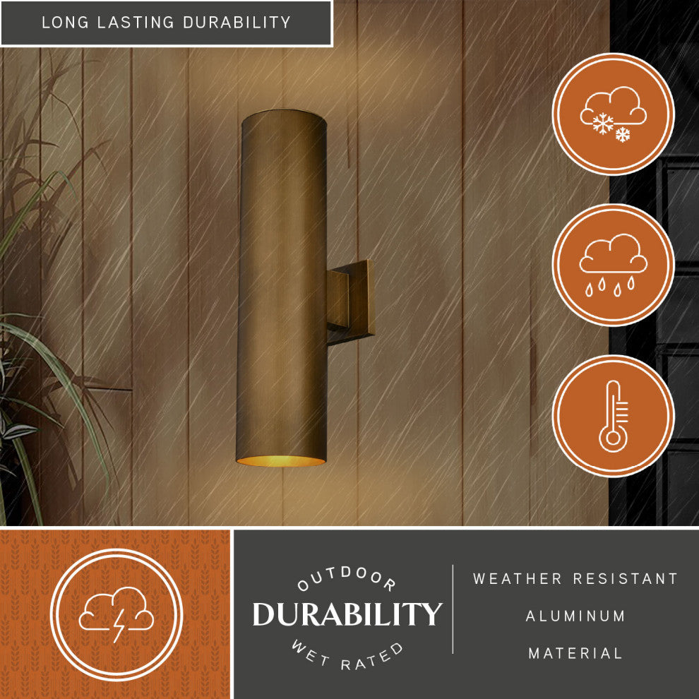 Chiasso 2-Light Deep Bronze Outdoor Wall Sconce Aluminum Wall Mount Fixture, Warm Brass, 5"wx20"hx8"d, No Sensor