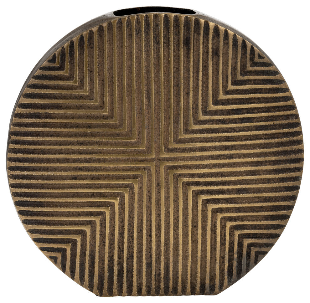 Metal, 13"H Round Ribbed Vase, Brass Antique