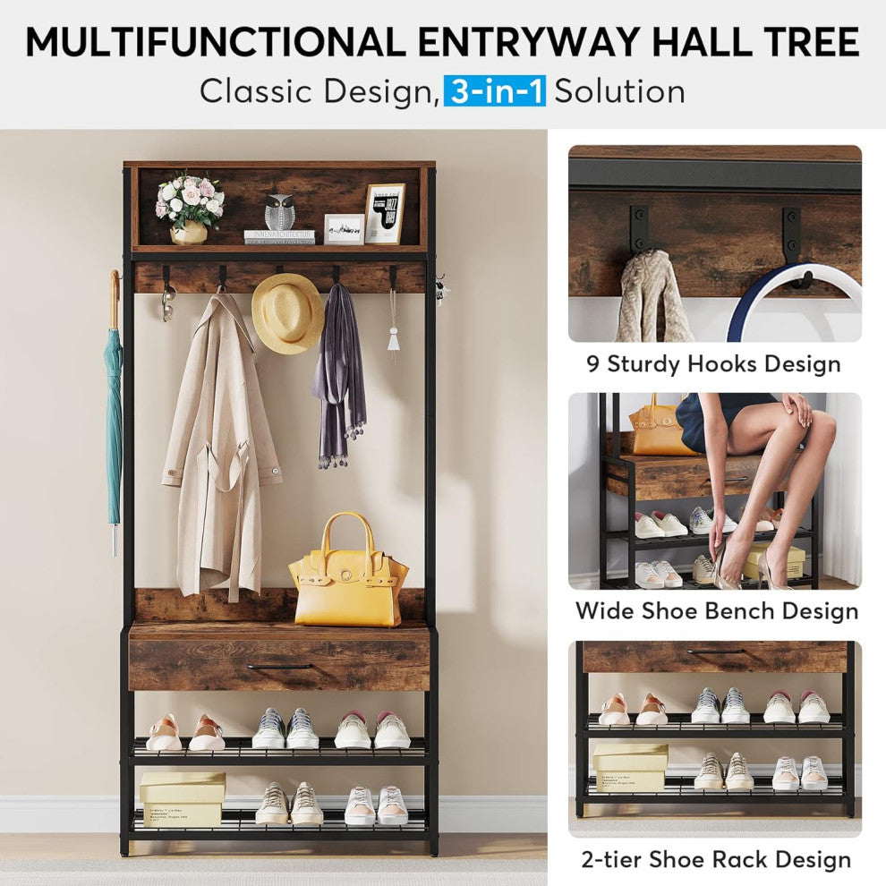 Tribesigns Entryway Hall Tree with Drawer, Vintage Industrial Coat Rack