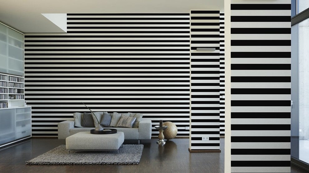Black and White 2, Modern Crazy Stripes Circles Cream, Black Wallpaper Roll