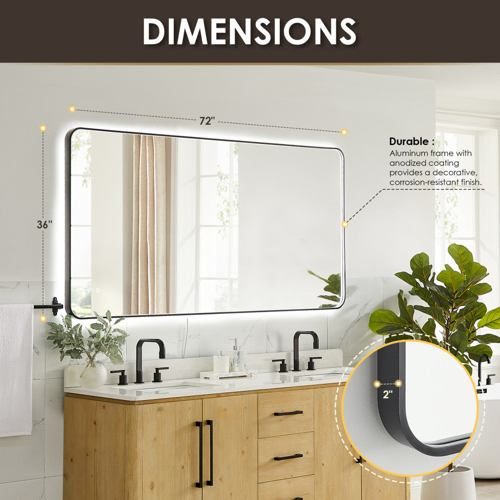 Dazzle Rectangular Bathroom/Vanity LED Lighted Wall Mirror, Matte Black, 72"