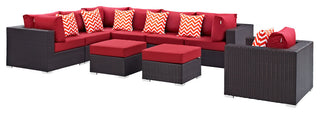 Convene 9 Piece Outdoor Patio Sectional Set, Espresso Red