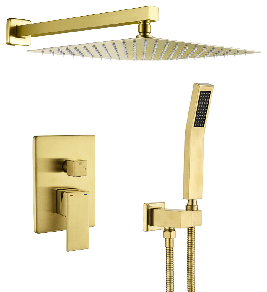 Wellfor Shower Faucet with Rain Shower Head, Handheld Shower and Valve, Brushed Gold, 12" Shower Head