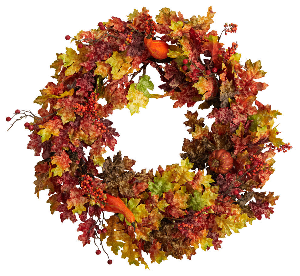 32" Autumn Oak Leaf, Berries and Pumpkin Artificial Autumn Wreath