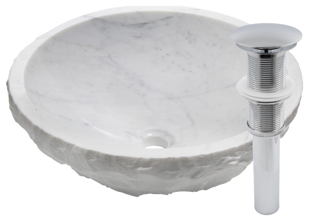Natural Carrara White Marble Chiseled Stone Vessel Sink and Drain, Chrome