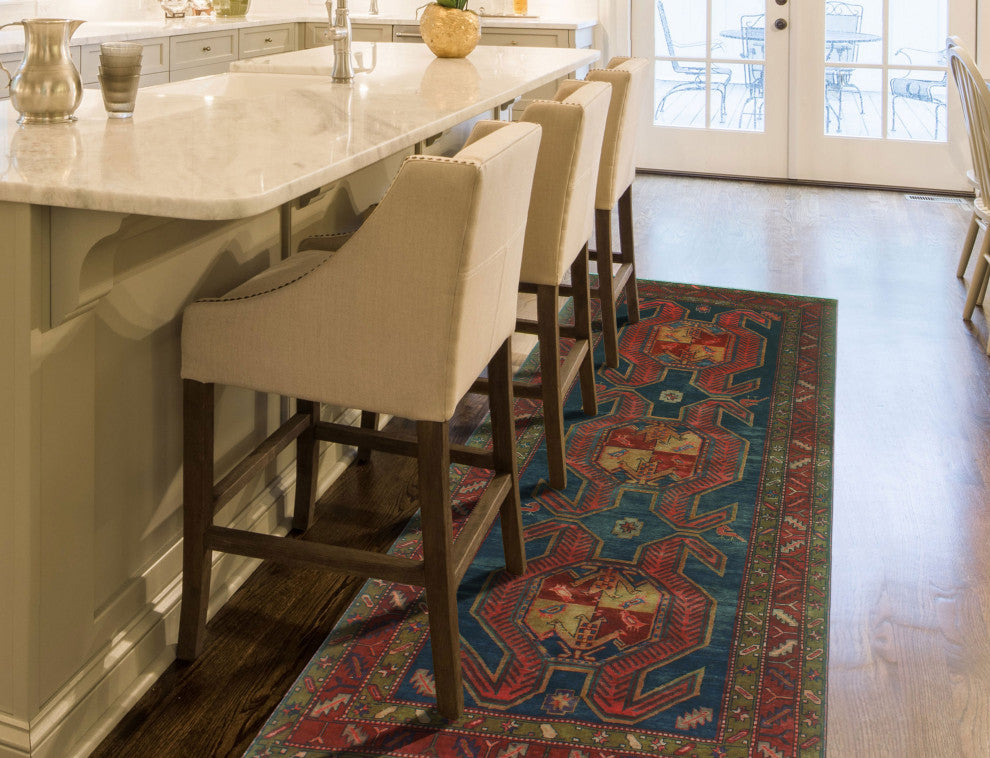 Semi-Antique Ghafur Blue/Burgundy Runner, 4'4x10'6