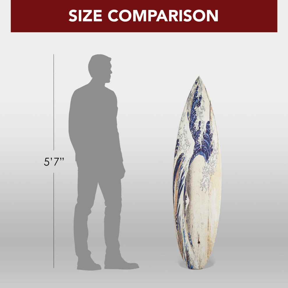 The Great Wave off Kanagawa Wood Surfboard Plaque Wall Sign, 60"x15"