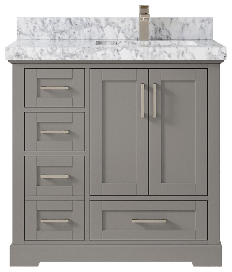 Boston 36 Right Offset Bath Vanity in Elephant Skin Gray 2" Carrara Marble
