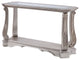 Benzara BM196704 Sofa Table, Polyresin Engravings & Clear Glass Top,Silver/Clear