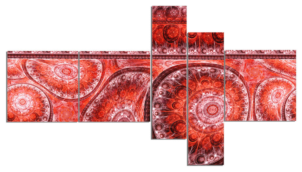 Red Living Cells Fractal Design, Abstract Canvas Art Print, 60"x32", 5 panels