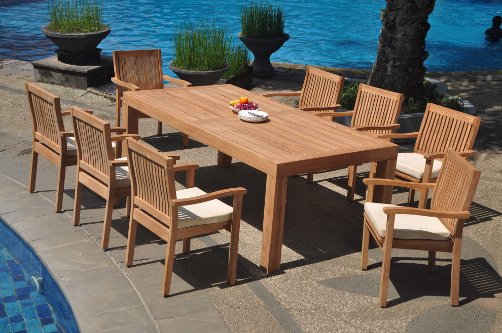 9-Piece Outdoor Teak Dining Set: 86" Rectangle Table, 8 Leveb Stacking Arm Chair