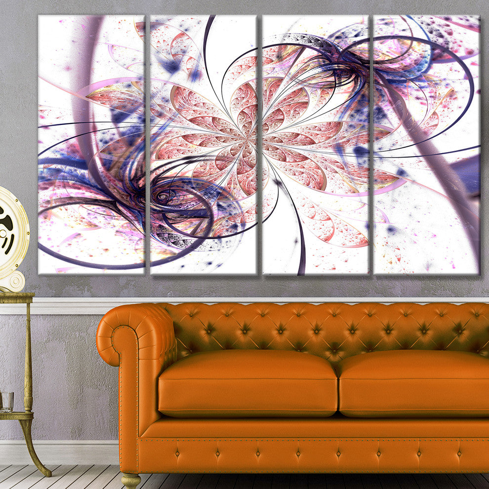 Blue Pink Fractal Flower Pattern, Abstract Wall Art Canvas, 48"x28", 4 Panels