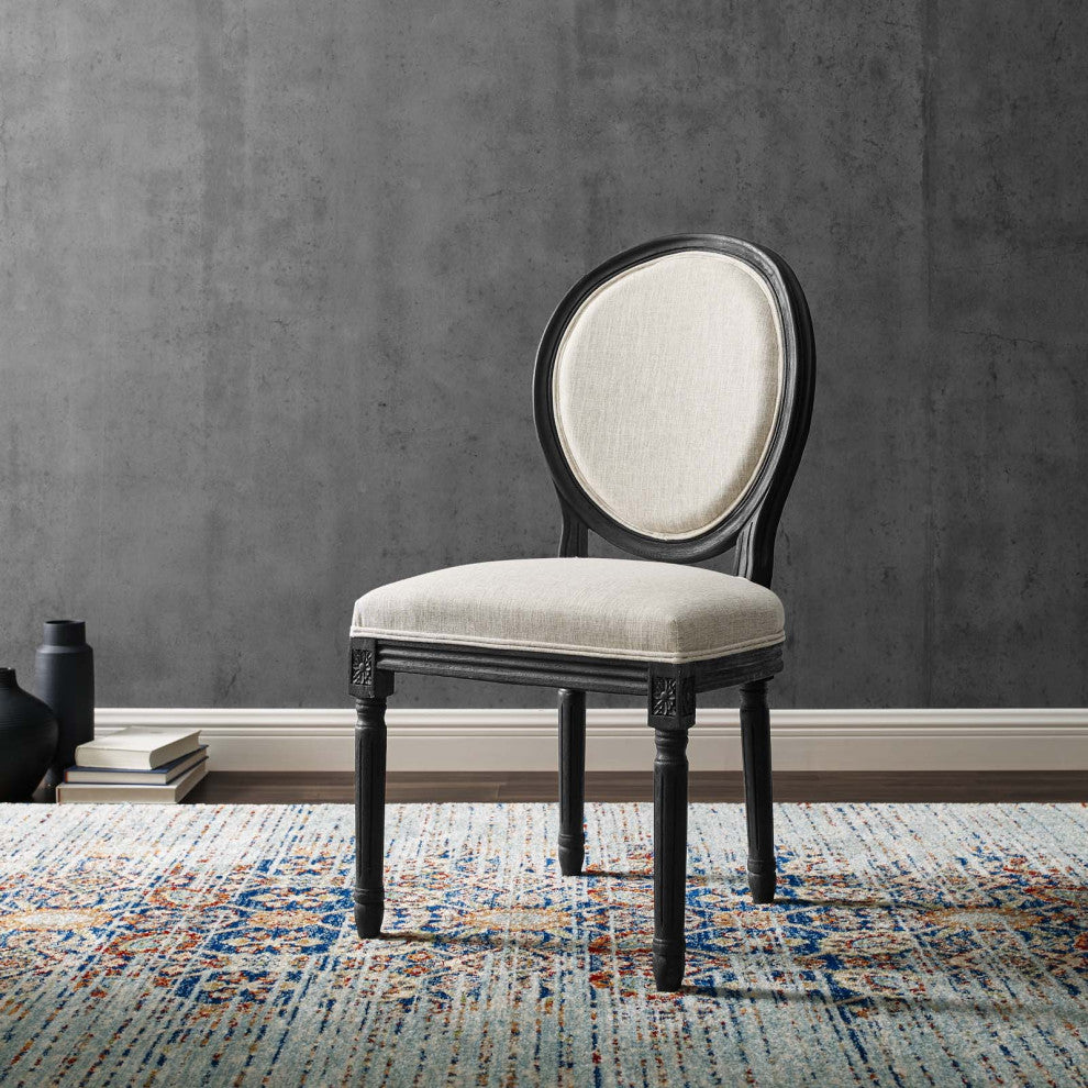 French Vintage Side Dining Chair, Fabric, Wood, Black Beige, Modern, Cafe Bistro