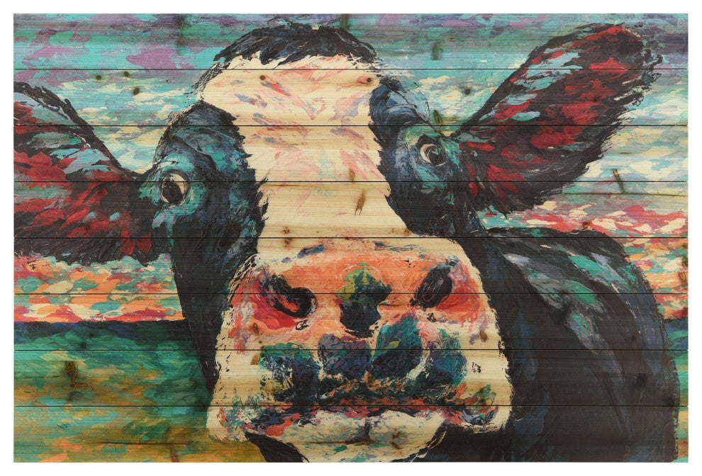 "Curious Cow" Wall Art Digital Print on Solid Wood, 45"x1.5"x30"