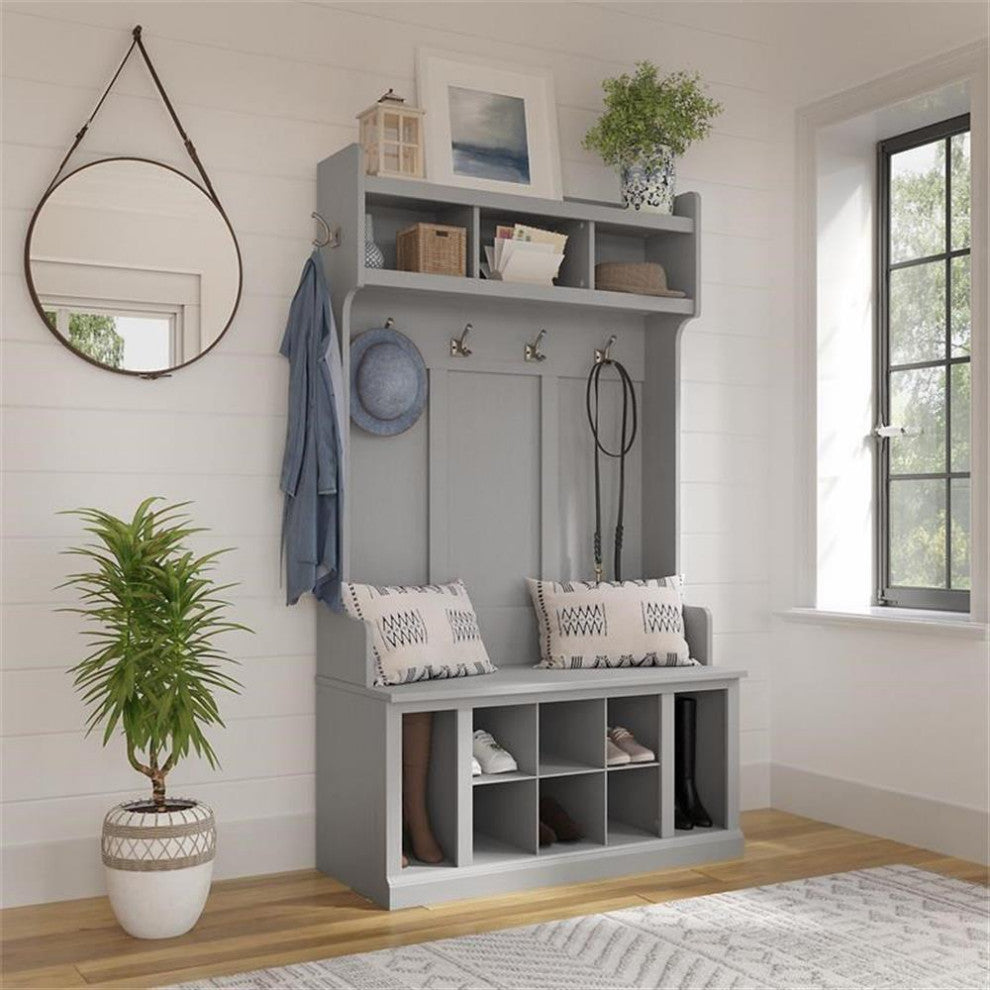 Woodland 40W Hall Tree and Shoe Bench with Shelves in Gray - Engineered Wood