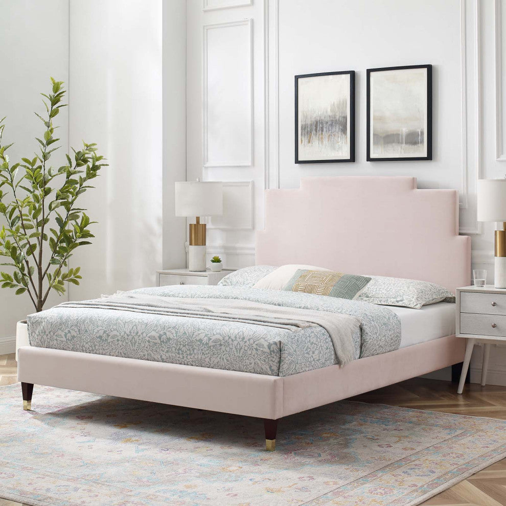 Platform Bed Frame, Queen Size, Velvet, Pink, Modern Contemporary, Bedroom