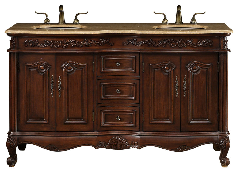 Cassandra 60" Dark Cherry Double Sink Bathroom Vanity, Travertine Marble Top
