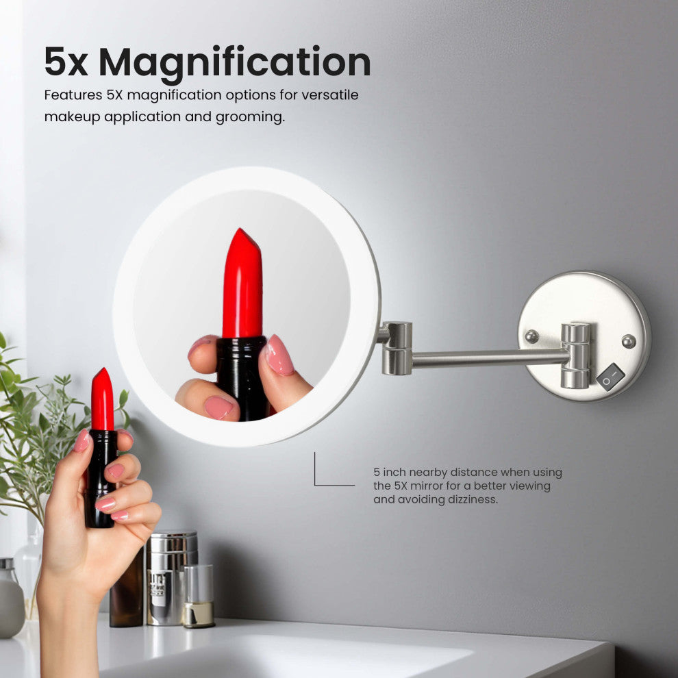 Circular LED Wall Mount One Side 5x Magnifying Make Up Mirror, Chrome