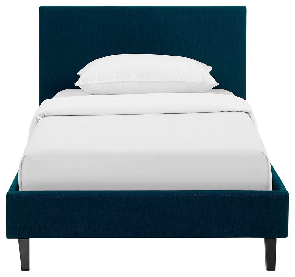 Modern Contemporary Urban Twin Size Platform Bed Frame, Navy Blue, Fabric Wood