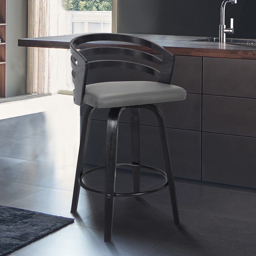 Jiron 26" Swivel Counter Stool, Black Brush Wood Finish and Gray Faux Leather