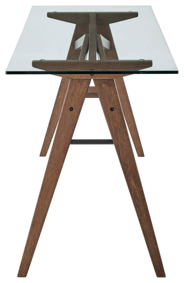 Computer Work Desk, Natural, Wood, Glass, Modern, Mid Century Home Office