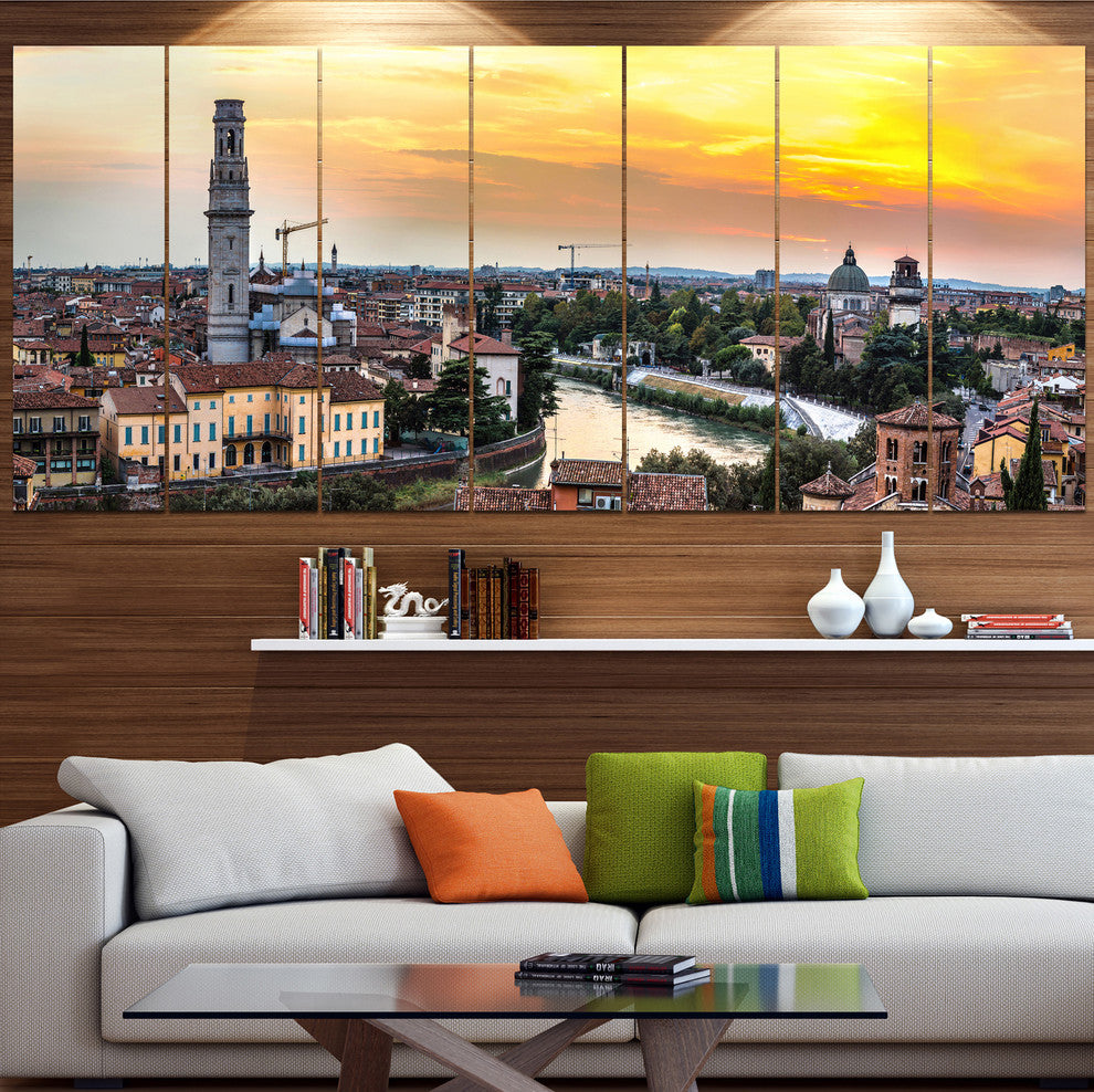 Verona at Sunset in Italy, Cityscape Canvas Art Print, 83"x32", 7 Panels