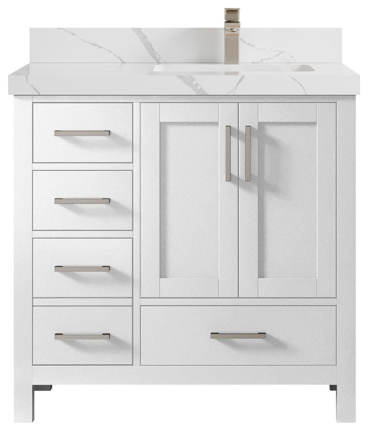 Malibu 36 Right Offset Bath Vanity in White  2" Calacatta Laza