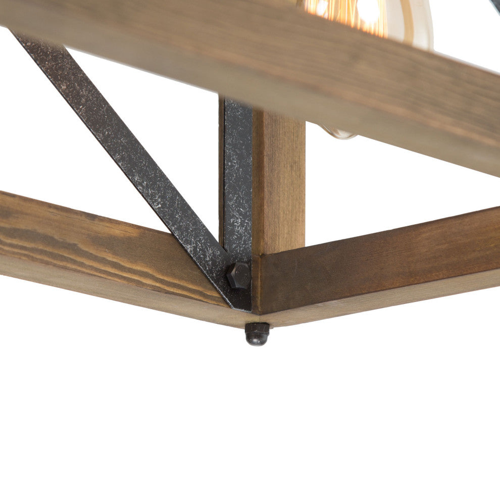 LNC 4-Lights Farmhouse Antique Black and Natural Wood Grain Linear Chandelier