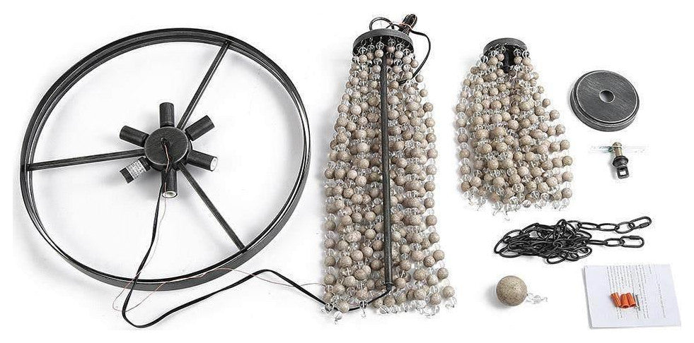 LNC 6-light Farmhouse Black Brushed Wood Beaded Bohemian Chandelier