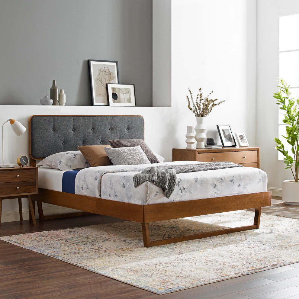 Platform Bed Frame, Full Size, Wood, Brown Walnut Grey Gray, Modern Contemporary