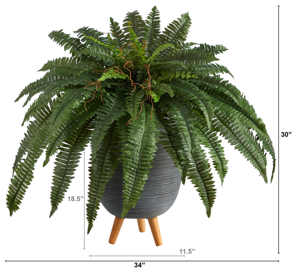 2.5' Boston Fern Artificial Plant, Gray Planter With Stand
