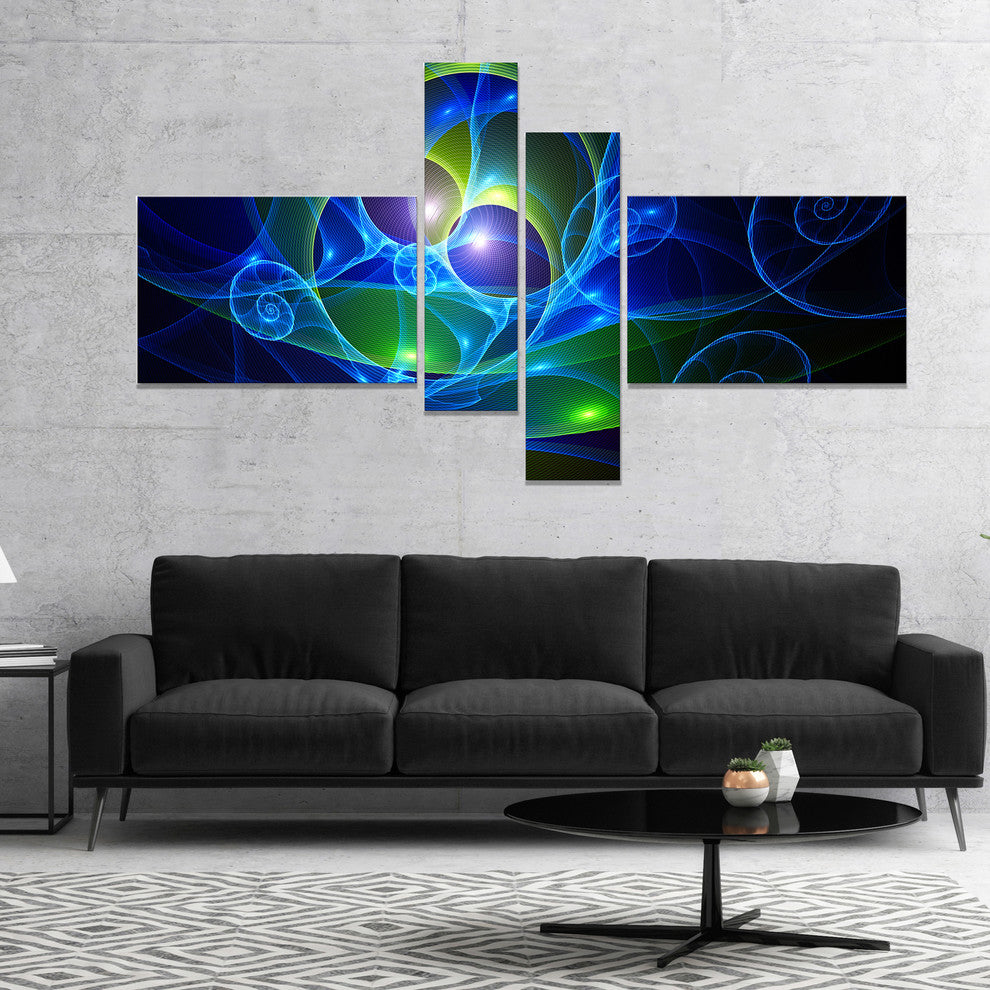 Blue Curly Spiral on Black, Abstract Wall Art Canvas, 60"x32", 4 panels