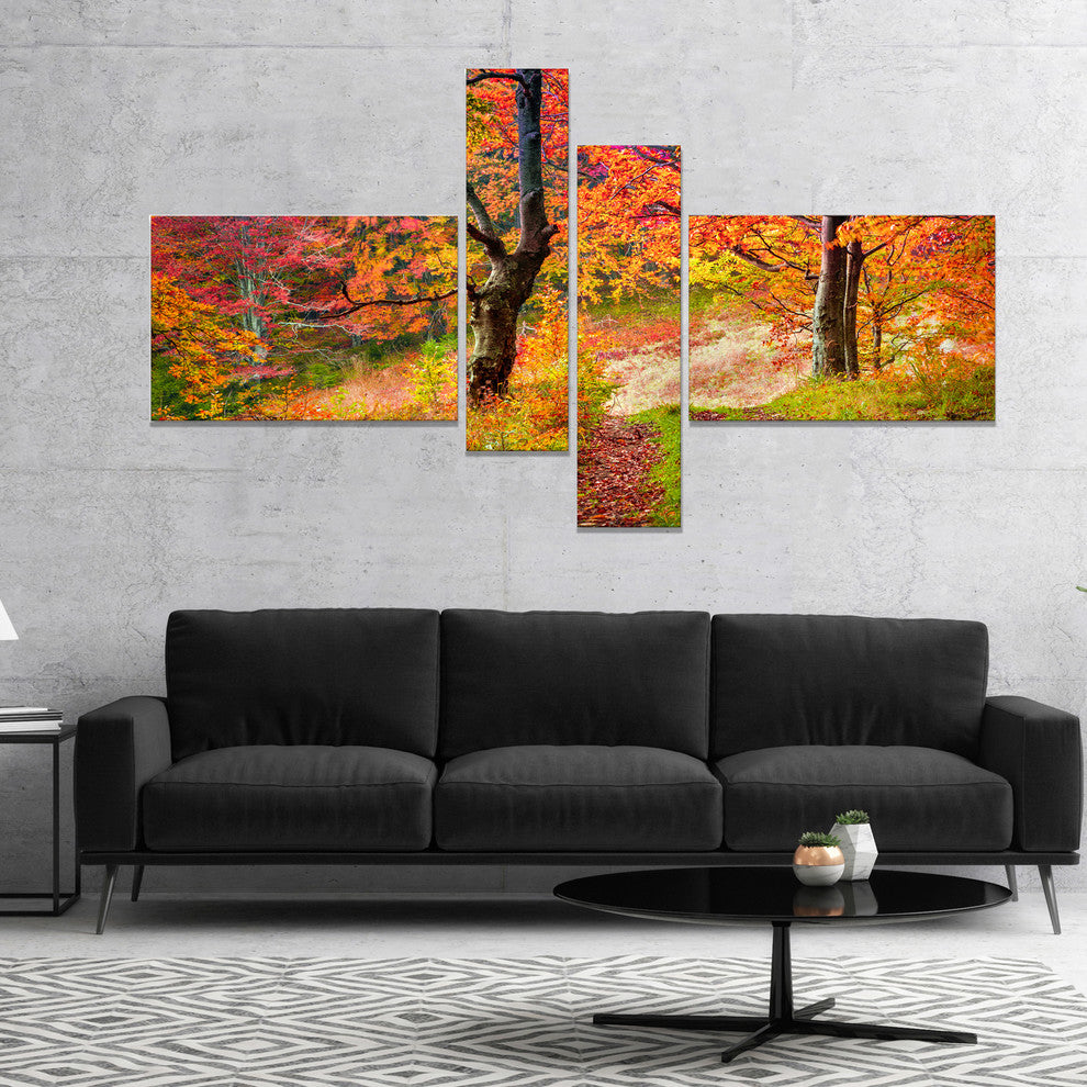 Bright Colorful Fall Trees in Forest, Landscape Canvas Print, 60"x32", 4 panels
