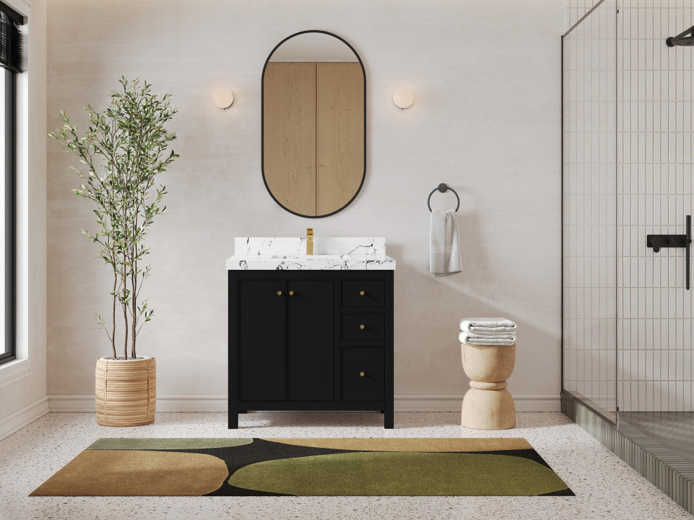 Chicago 36" Center Sink Bathroom Vanity, Black 2" Viola Night
