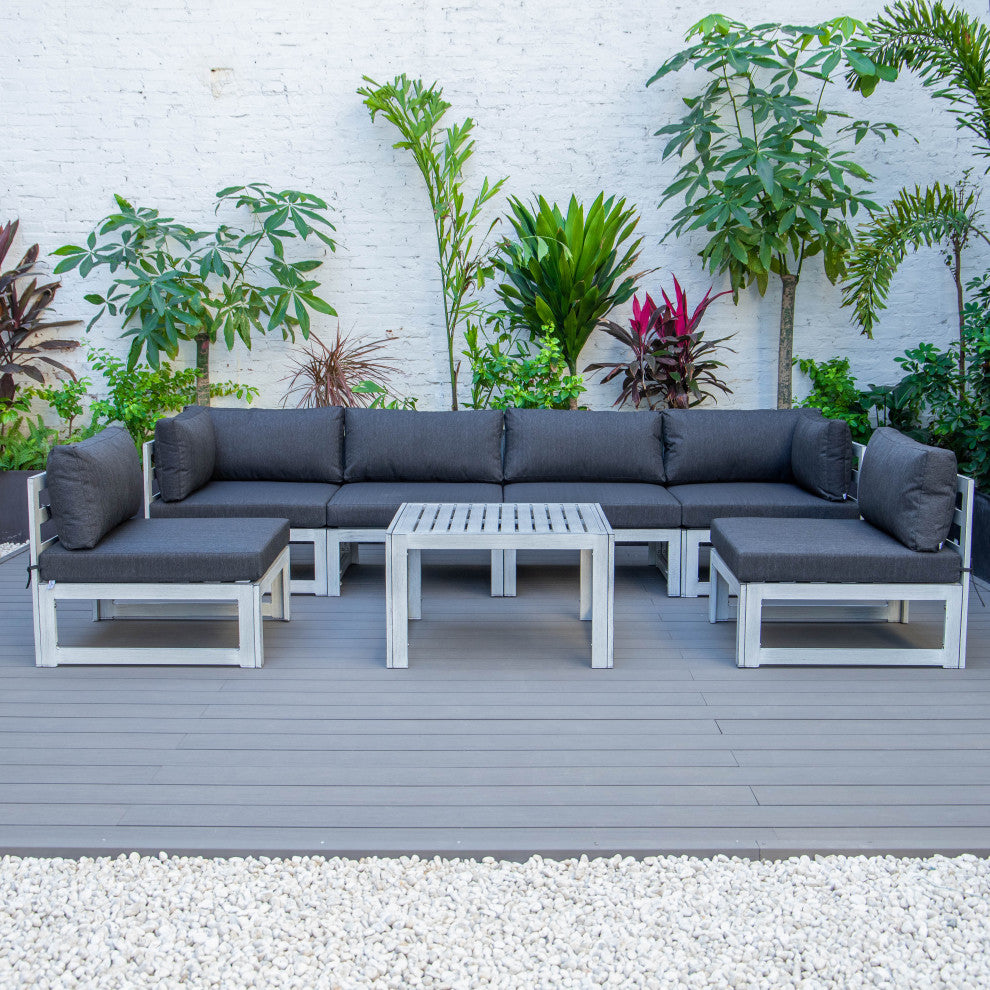 LeisureMod Chelsea 7-Piece Gray Patio Sectional With Coffee Table, Black