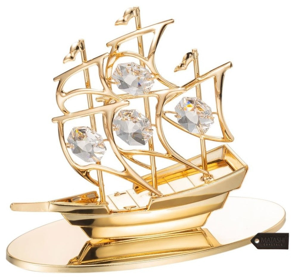 24K Gold Plated Crystal Studded Mayflower Sailing Ship Ornament