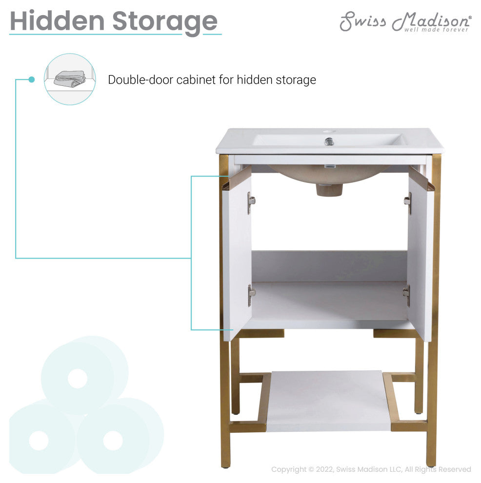 Marseille 24" Bathroom Vanity, White/Brushed Gold