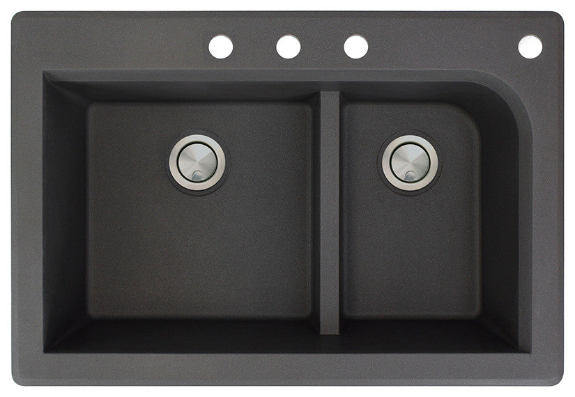 Radius 33" silQ Granite Drop-in Double Bowl Kitchen Sink with 4 Holes in Black