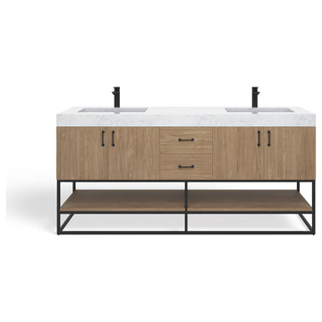 Bahia Bath Vanity, Oak, 72", Matte Black Hardware, Double, Freestanding