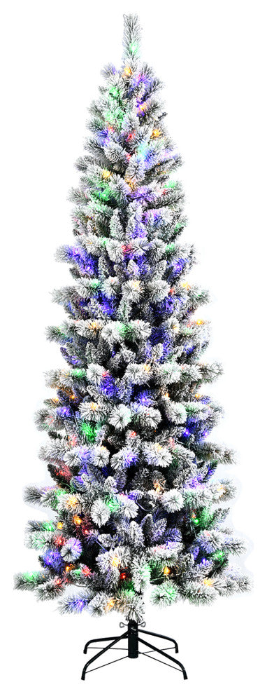 8FT Pre-Lit Hinged Christmas Tree Snow Flocked w/ 9 Modes Remote Control Lights