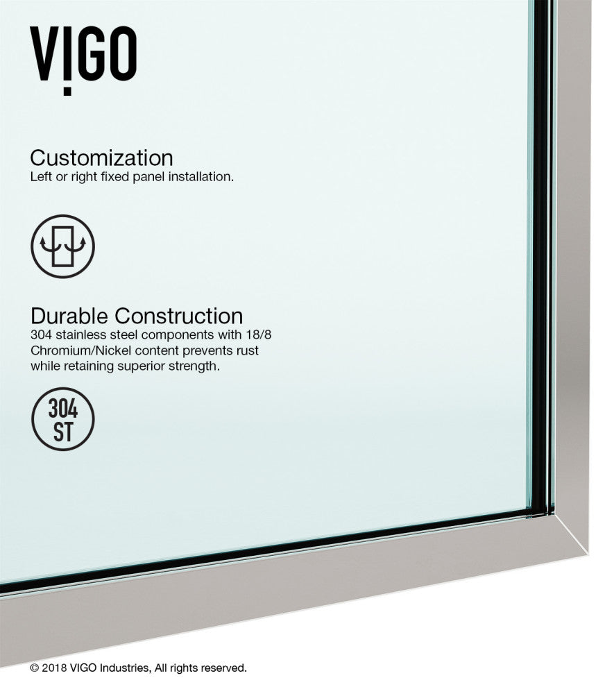 VIGO Zenith Frameless Fixed, Stainless Steel, Shower Screen, 34" W X 74" H, Clear Glass