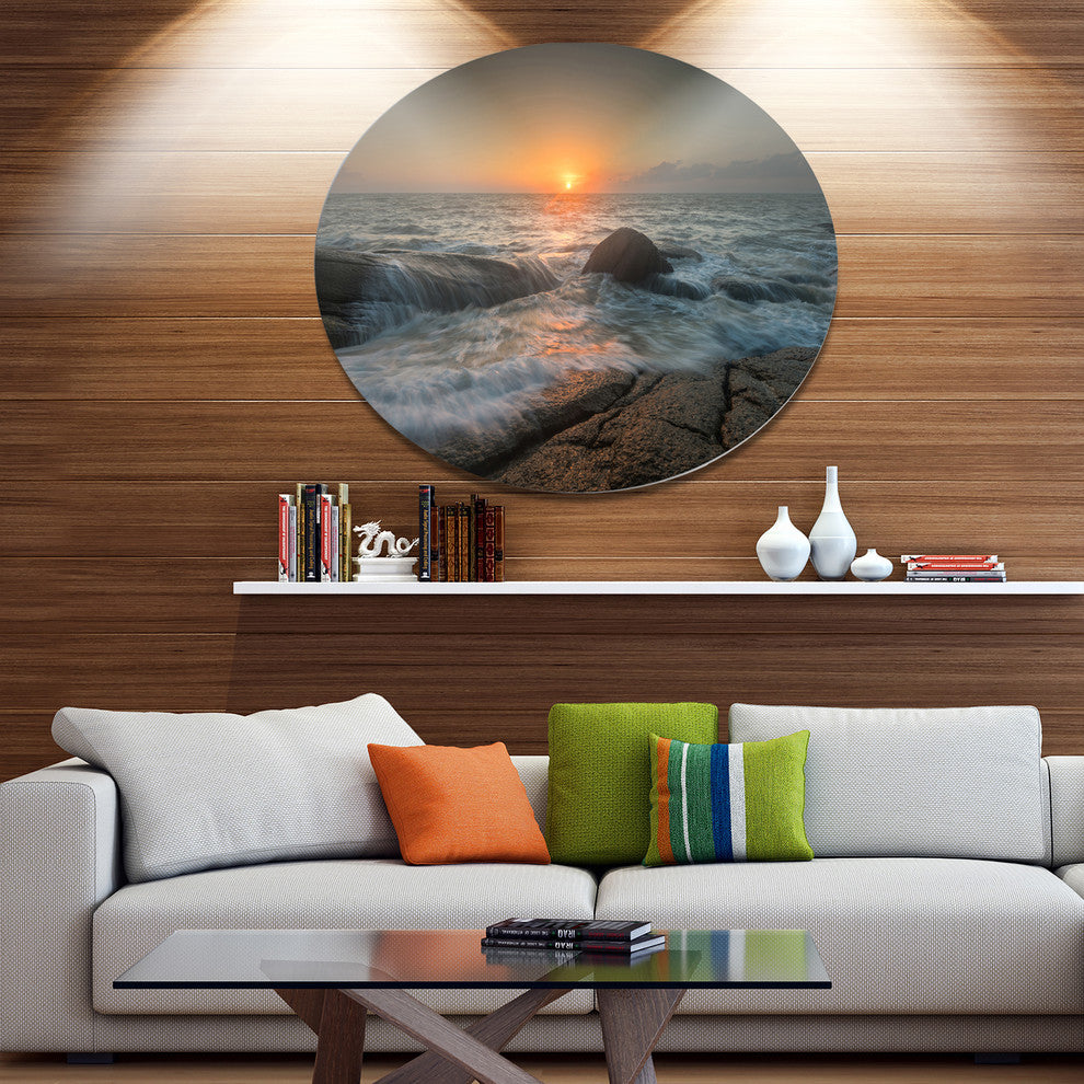Lashing Sea Waves At Sunset, Beach Round Wall Art, 23"